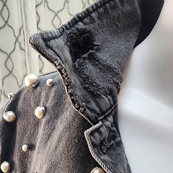 TINSEL Women’s Distressed Black Denim Jacket with Pearl Accents - Size S - Picture 6 of 12